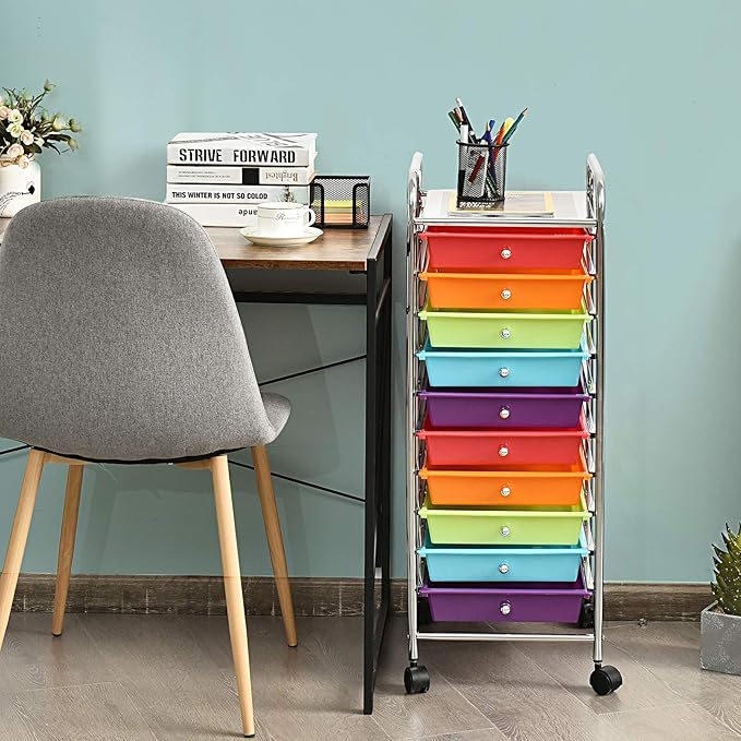 RELAX4LIFE 10 Drawer Rolling Cart, Slim Storage Cart w/Lockable Wheels for Classroom School Teacher Office, Art Supplies Paper Scrapbook Craft Organizers, Utility Cart with Drawers (Multicolor)