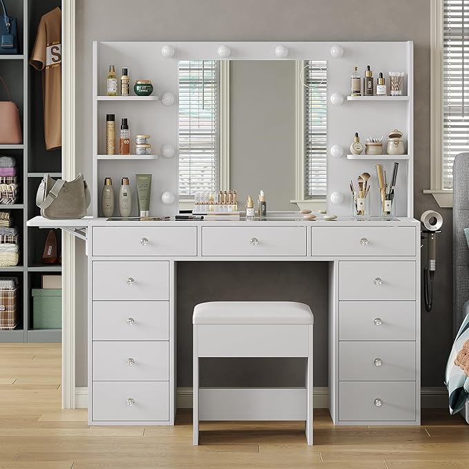 Vanity Desk with Power Outlet, 47'' W Makeup Vanity with Mirror and 12 LED Lights, 11 Drawers & 4 Shelves, 3 Color Lighting Modes, Fold-up Panel, Glass Top Vanity Set for Bedroom