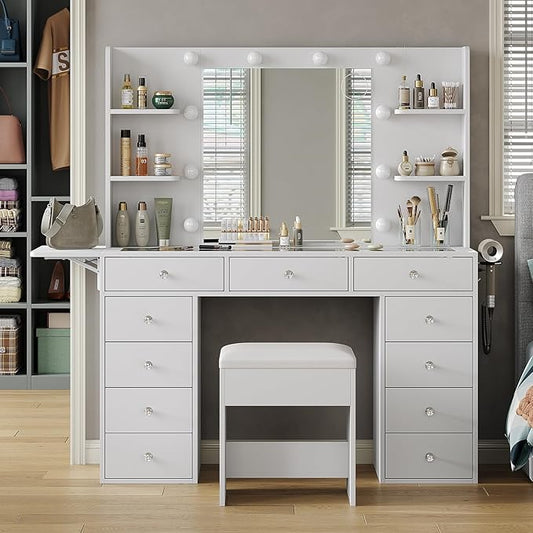 Vanity Desk with Power Outlet, 47'' W Makeup Vanity with Mirror and 12 LED Lights, 11 Drawers & 4 Shelves, 3 Color Lighting Modes, Fold-up Panel, Glass Top Vanity Set for Bedroom