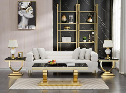 3 Piece Living Room Table Set Include 1 Faux Marble Coffee Table & 2 End Tables, Modern Black Gold Coffee Table Set of 3 with Double O Shape Stainless Steel Pedestal Base