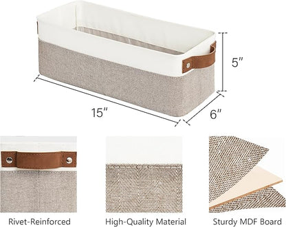 StorageWorks Narrow Storage Bins, Small Baskets for Organizing, Long Storage Basket with Handles, Fabric Storage Bins for Shelf, Brown and White, 2-Pack