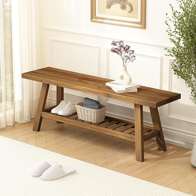Reclaimed Solid Wood Bench-43.3" Farmhouse Entryway Bench with Storage Shelf, Narrow Rustic Bench for Hallway, Kitchen, Bedroom, Dining