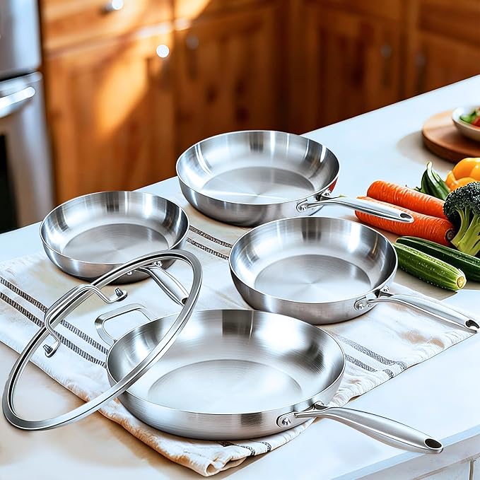 LOLYKITCH 8+10+12 Inch+14 Inch with A Lid, Tri-Ply Stainless Steel Frying Pan Set– Professional Skillet Fast & Even Heating, Induction & Oven Safe Cookware for Modern Home Kitchens