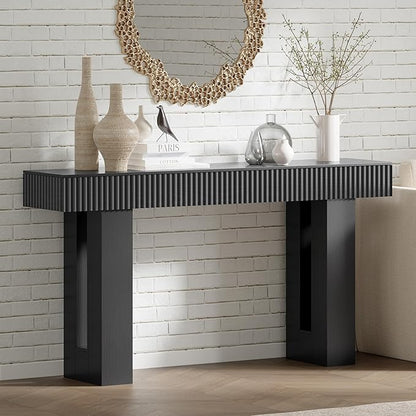 63-Inch Long Entryway Console Table with a Fluted Design, Thick Wood Farmhouse Sofa Table Behind Couch, Narrow Hallway Accent Table for Living Room, Foyer, Entrance, Modern Black