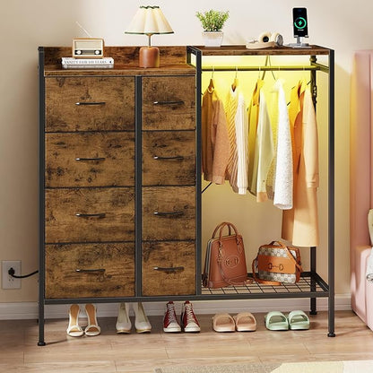 Dresser with Hanging Rack, 8-Drawer Dresser for Bedroom with Charging Station & LED Lights, Kids Dressers with Shoe Rack, Rustic Brown, 11.8" D x 42" W x 42.7" H (8 Drawers)