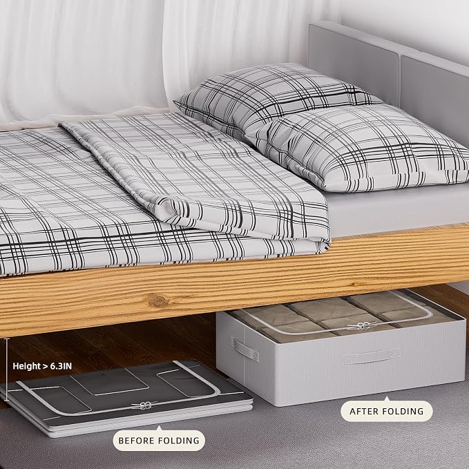 CYhom 3Pcs Under Bed Storage Bins with Metal Frame - Shoe Organizer for Closet with Clear Cover Oxford Fabric Sturdy Underbed Container Foldable Stackable Clothes Organizer (Grey, 23.5x19.7x6.3)