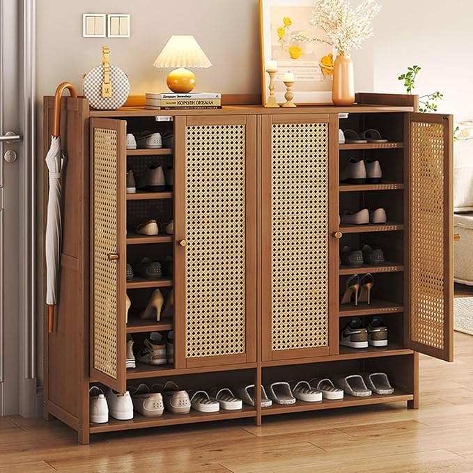 Bamboo Shoe Cabinet, 8-Tier Shoe Storage Cabinet with Doors, Freestanding Bamboo Shoe Rack Organizer with Shelves for Entryway, Hallway, Closet, Living Room