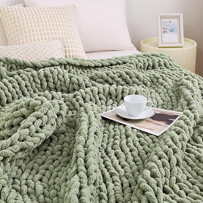 Admitrack Chunky Knit Blanket Throw, 100% Hand Knit Chenille Throw Blanket for Sofa & Home Decor, Soft and Cozy Knitted Throw Blankets (Sage Green, 60"x80")