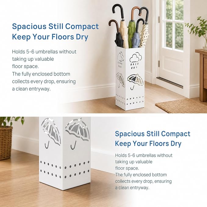 BEWBBAT Metal Umbrella Stand for Entryway, 6 x 6 x 17 Inch White Square Umbrella Organizer Bin, Free Standing Umbrella Holder,Walking Sticks, Home Office Decor