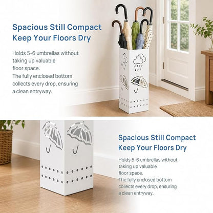 BEWBBAT Metal Umbrella Stand for Entryway, 6 x 6 x 17 Inch White Square Umbrella Organizer Bin, Free Standing Umbrella Holder,Walking Sticks, Home Office Decor