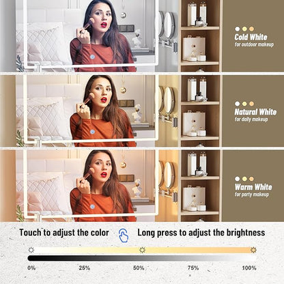 Vanity Desk, 41 Inch Makeup Vanity Table with Mirror Lights 10x Magnifying Mirror Charging Station Drawers Shelves Cabinet Adjustable 3 Color Brightness Dressing Table for Bedroom(Oak)
