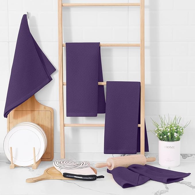 Homaxy 100% Cotton Waffle Weave Kitchen Dish Towels, Ultra Soft Absorbent Quick Drying Cleaning Towel, 13 x 28 Inches, 24-Pack, Eggplant