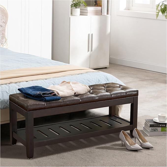 44" Ottoman Bench, Upholstered End of Bed Bench, Oversized Footrest with Wood Shelf torage Storage Bench for Bedroom, Entryway, Living Room, Dark Brown(PU)