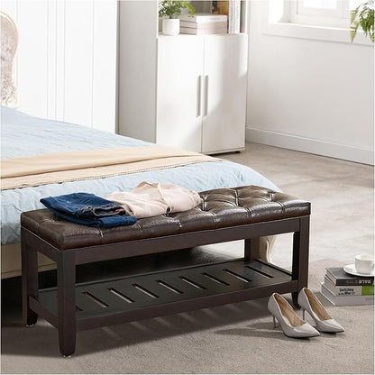 44" Ottoman Bench, Upholstered End of Bed Bench, Oversized Footrest with Wood Shelf torage Storage Bench for Bedroom, Entryway, Living Room, Dark Brown(PU)