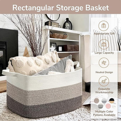 Goodpick Large Woven Storage Basket, 21.6"x14.9"x11.8", Blanket Storage for Bedroom and Living Room, Rectangle Rope Baskets for Storage, White Brown