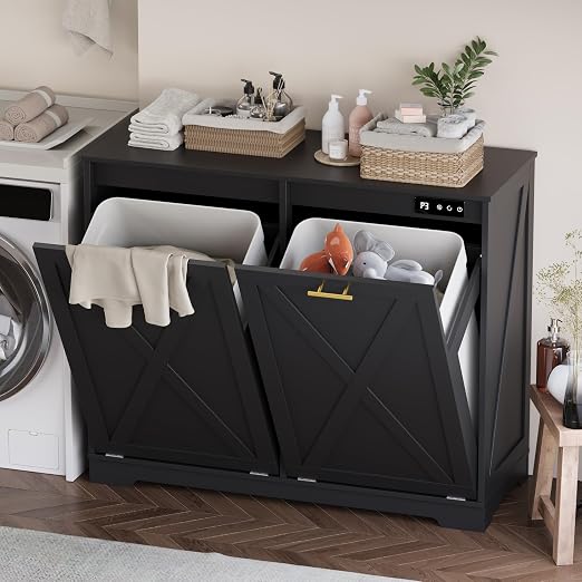 Double Tilt Out Trash Can Cabinet, Wooden Farmhouse Kitchen Garbage Bin Enclosure with Negative Ion Odor Control, Hidden Dog Proof Trash or Laundry Basket Storage for Laundry Room, Black