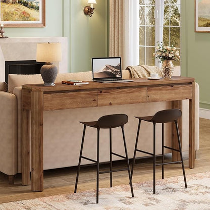 Solid Wood Console Table with 3 Drawers, 63-Inch Farmhouse Entryway Table with Rounded Corners, Long Sofa Table Behind Couch, Accent Table for Entrance, Hallway, Living Room, Rustic Brown