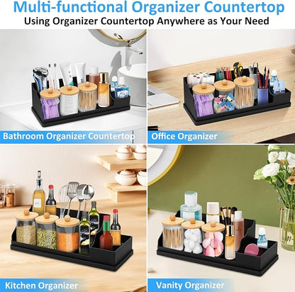 Bathroom Counter Organizer, Black Silicone Toothbrush Holders for Bathrooms Organizer Countertop with 3PCS Qtip Holder, Toothbrush and Toothpaste Holder for Bathroom Organization Storage Vanity