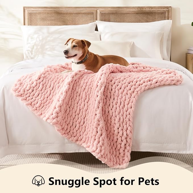 L'AGRATY Chunky Knit Blanket Throw - Soft Chenille Yarn Throw Blankets 30x40：Handmade Thick Cable Knit Crochet Blanket - Large Knit Chunky Rope Knot Throw Blankets for Couch Sofa Bed Home Decor