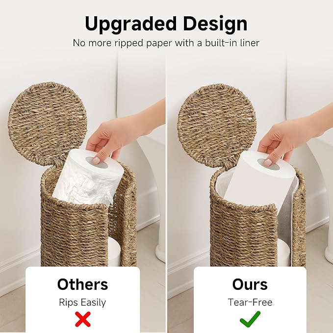 StorageWorks Seagrass Free Standing Toilet Paper Holder Stand for Bathroom, 3 Rolls of Toilet Tissue Storage with a Built-in Cloth Lining, Toilet Roll Holder Stand with Lid