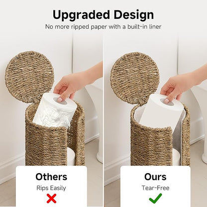StorageWorks Seagrass Free Standing Toilet Paper Holder Stand for Bathroom, 3 Rolls of Toilet Tissue Storage with a Built-in Cloth Lining, Toilet Roll Holder Stand with Lid