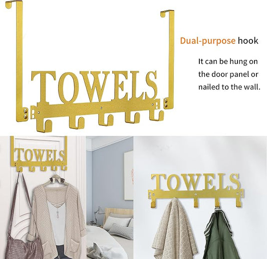Over The Door Hooks, Towel Holder for Bathroom, Door Mount Towel Rack Towel Hooks for Bedroom Kitchen Pool Beach Towels Bathrobe Wall Mount Hang On The Door Cabinet Cupboard Metal Sandblasted (Gold)