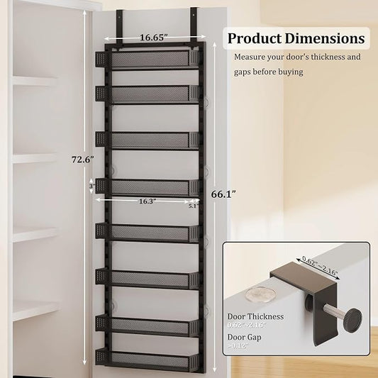 Over the Door Pantry Organizer, 8-Tier Over the Door Spice Rack with Adjustable Baskets, Wall-Mounted or Hanging Shelves for Kitchen, Laundry Room, Bathroom(Black, 16.65"W x 5.2"D x 72.6"H)