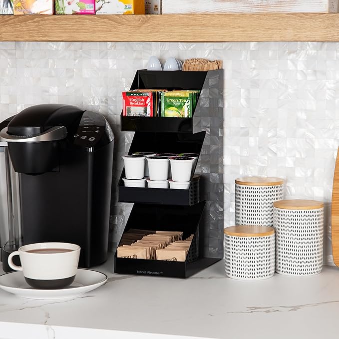 Mind Reader Coffee Tea Utensil and Condiment Station, Countertop Organizer, Coffee Bar, Kitchen, 6"L x 9"W x 16"H, Black | Acrylic