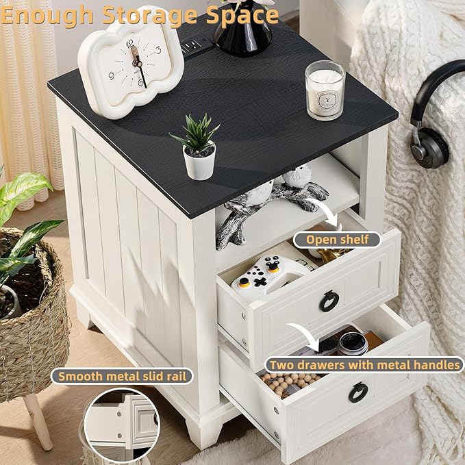 Farmhouse Coffee Table Set of 3, Furniture Set with Charging Station, Coffee Table with Hidden Storage Organizer and Nightsand 3-piece set, Country Center Table Set for Living Room,Office, Home