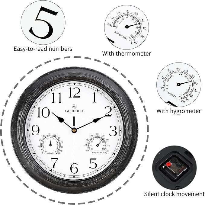 Lafocuse Black Outdoor Wall Clocks Waterproof for Patio with Thermometer, 12 Inch Hygrometer Wall Clock for Kitchen Bathroom Garage