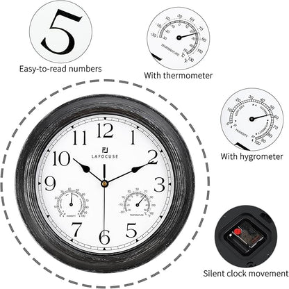 Lafocuse Black Outdoor Wall Clocks Waterproof for Patio with Thermometer, 12 Inch Hygrometer Wall Clock for Kitchen Bathroom Garage