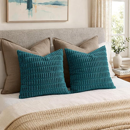 MIULEE Pack of 2 Corduroy Decorative Throw Pillow Covers 18x18 Inch Soft Boho Striped Pillow Covers Modern Farmhouse Home Decor for Summer Coastal Sofa Living Room Couch Bed Teal