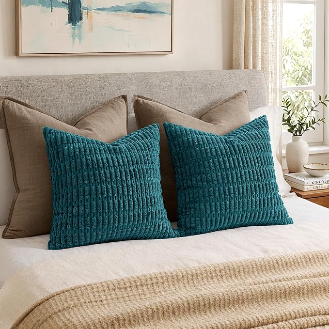 MIULEE Pack of 2 Corduroy Decorative Euro Sham Throw Pillow Covers 24x24 Inch Soft Boho Striped Pillow Covers Modern Farmhouse Home Decor for Summer Coastal Sofa Living Room Couch Bed Teal