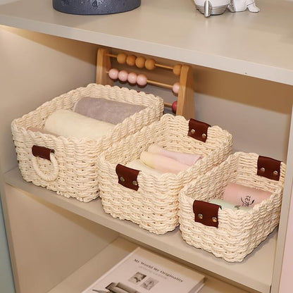 Small baskets for Organizing,Cute woven Storage basket with recycled paper rope for Shelves Bathroom,Little decorative basket,Set of 3 (Beige)