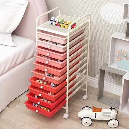 OFFICEJOY Storage Cart, Rolling Utility Cart with 10 Drawers, Portable Handles & Lockable Wheels, Mobile Paper Toys Storage Organizer Large Capacity for Home Office School Teacher (Gradient Pink)