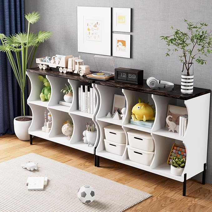 6 Cube Book Shelf, Low and Short Bookshelf, Long Cube Storage Organizer Wood TV Stand, Toy Organization DVD Cabinets for Living Room, Office, Bedroom, Dorm, White with Dark Brown Top