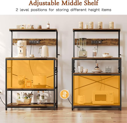 SUPERJARE Bakers Rack with Power Outlets, Microwave Stand, 31.5 X 16.5 Inch Larger Desktop, Kitchen Storage Rack with Adjustable Middle Shelf, 6 S-Shaped Hooks, Coffee Bar Stand, Rustic Brown