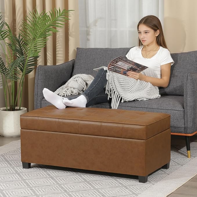Homebeez 40" Faux Leather Storage Ottoman Bench, End of Bed Bench, Upholstered Bench with Storage for Living Room,Bedroom,Entryway (40" Caramel Brown)