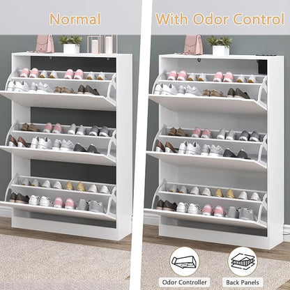 BORNOON Shoe Cabinet with Odor Control and Back Panels, Deodorizing Slim 3-Flip Shoe Storage Cabinet for Entryway, Freestanding Hidden Shoe Rack Organizer for Entrance, Hallway, Bedroom