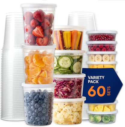 Stack Man [60-Sets] Plastic Deli Food Storage Containers with Airtight Lids Combo Set | 32 oz | 16 oz | 8 oz. | Disposable Plastic Takeout Containers for Soup - Freezer, Microwave and Dishwasher Safe
