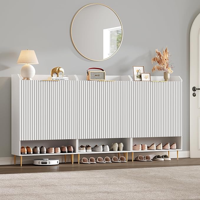 SICOTAS Fluted Shoe Cabinet - 50.7" Tall, 7-Tier Shoe Storage Cabinet with Adjustable Shelves & Doors, Modern Entryway Shoe Organizer for Hallway Front Door Closet, White