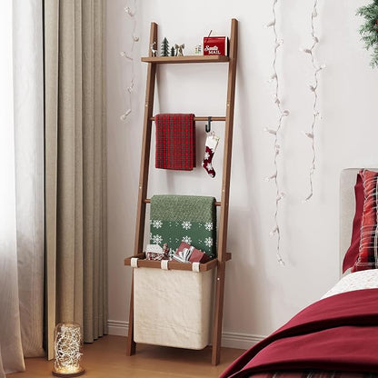 63" Bamboo Blanket Ladder with Shelf, Fabric Storage Basket and 5 Hooks, 4 Tier Leaning Blanket Rack, Farmhouse Towel Ladder Rack, Decorative Quilt Rack Holder for Living Room Bedroom Bathroom, Walnut