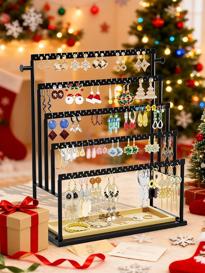 Earring Holder Organizer, 5-Tier Jewelry Display Stand with Matte Black Metal Frame and Wooden Tray, Large Earring Holder for Studs, Hoops, Dangles, Modern Jewelry Organizer for Women