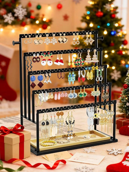 Earring Holder Organizer, 5-Tier Jewelry Display Stand with Matte Black Metal Frame and Wooden Tray, Large Earring Holder for Studs, Hoops, Dangles, Modern Jewelry Organizer for Women