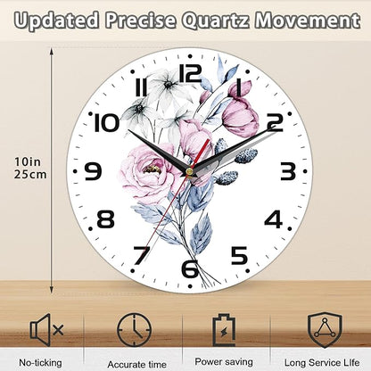 Clock for Living Room, Watercolor Floral Wall Clock, Contemporary Home Decor Easy to Read Wall Clock for Living Room, Bedroom, Bathroom and Kitchen, 10 Inch
