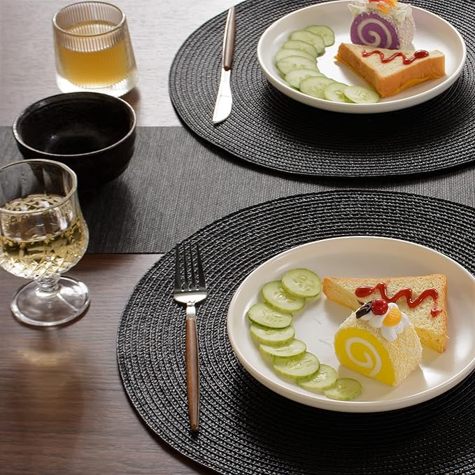 FunWheat Round Braided Placemats Set of 6 Place Mats for Dining Table Woven Washable Non-Slip Table Mats 15 Inch (Black, 6pcs)
