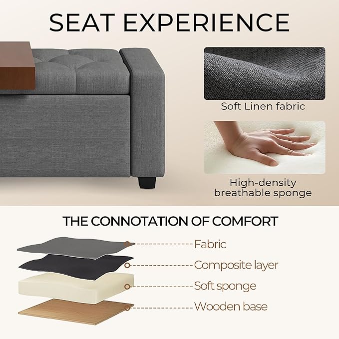 Storage Ottoman Bench with Tray,Large Entryway Ottoman with Storage, Rectangular Bench with Cushion and Safety Hinge for Living Room Bedroom