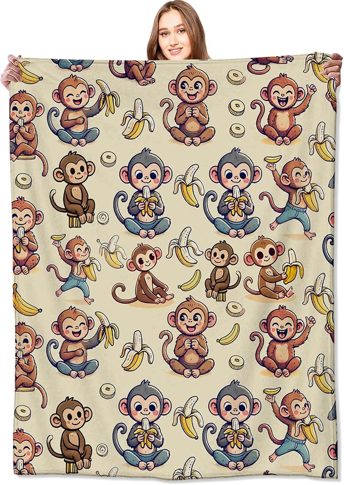 Monkey and Banana Blanket,Fun Cartoon Jungle Theme Throw Blankets,Birthday Gifts for Kids & Animal Lovers,Lightweight Soft Fleece,for Picnic Sofa Couch Bed Room Travel,Modern Decor,60x80in