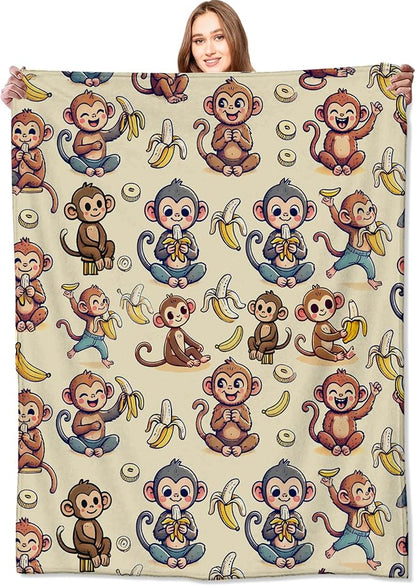 Monkey and Banana Blanket,Fun Cartoon Jungle Theme Throw Blankets,Birthday Gifts for Kids & Animal Lovers,Lightweight Soft Fleece,for Picnic Sofa Couch Bed Room Travel,Modern Decor,40x50in