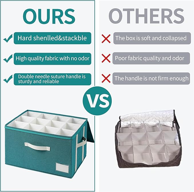 Stemware Storage Cases,Wine Glass Storage Box,with Dividers,Holds 12 Red or White Wine Glasses, Durable Glassware Storage Containers for Crystal or Stemware (Green white, 2 Stemware storage cases)